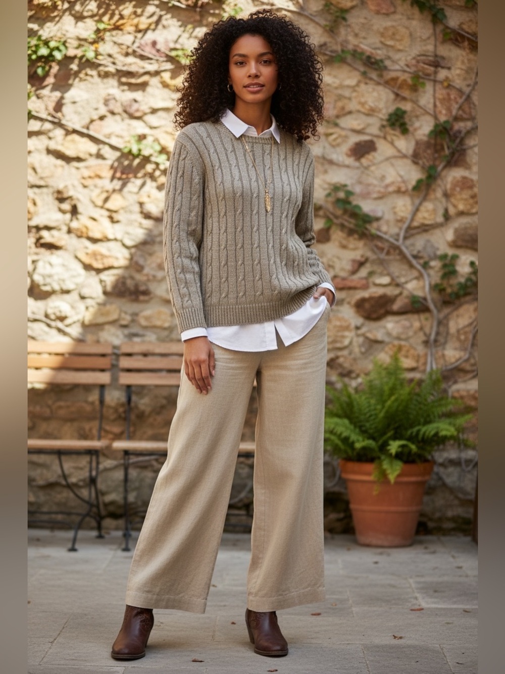 GRAN SASSO Pure Flax Linen Crewneck  Cable Knit Minimalist Chic Sweater
